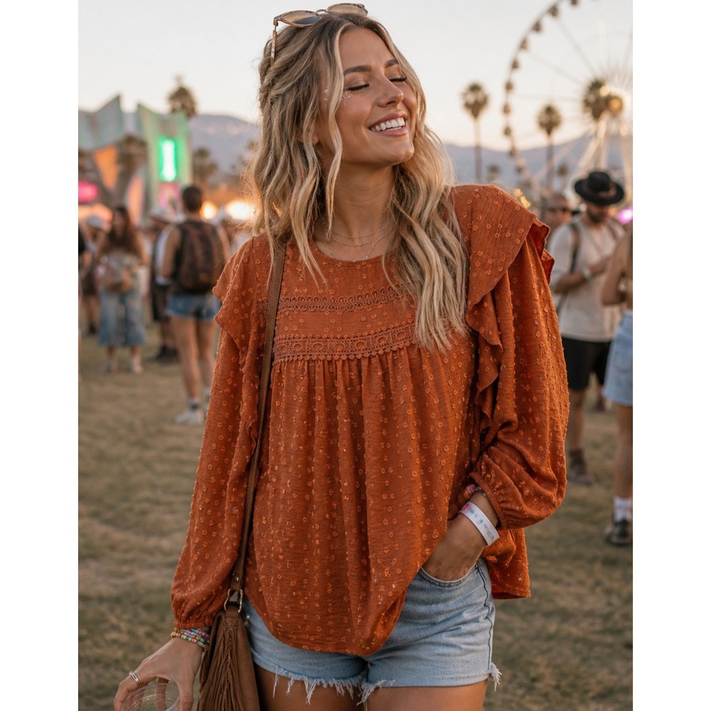PRETTYGARDEN Women's Top M BOHO Prairie Festival Cottage Core